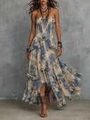 Boho Floral Strapless Ruffle Tiered Maxi Dress