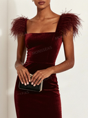 Elegant Feather Trim Velvet Midi Dress
