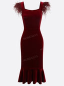 Elegant Feather Trim Velvet Midi Dress