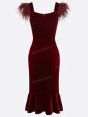 Elegant Feather Trim Velvet Midi Dress