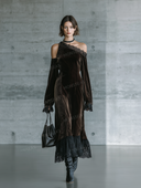 Asymmetric Off Shoulder Velvet Lace Maxi Dress