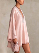 Embellished V-Neck Fringe Trim Kaftan Mini Dress