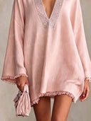 Embellished V-Neck Fringe Trim Kaftan Mini Dress