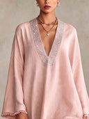 Embellished V-Neck Fringe Trim Kaftan Mini Dress