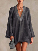 Embellished V-Neck Fringe Trim Kaftan Mini Dress
