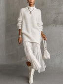Oversized Turtleneck Knit Sweater & Pleated Midi Skirt Set