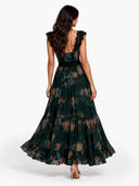 Elegant Floral Print Lace Trim Tiered Maxi Dress