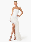 Elegant Strapless Feather Trim High Slit Satin Party Maxi Dress