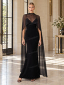Sexy Black V-neck Sleeveless Sheer Fit Shawl-Style Spaghetti Strap Maxi Dress