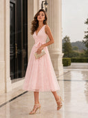 Elegant V-Neck Lace Embroidered Tie-Front Midi Dress