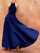 Elegant Halter Top & Draped Satin Maxi Skirt Two-Piece Set