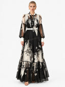 Elegant Abstract Floral Print Sheer Chiffon Maxi Dress