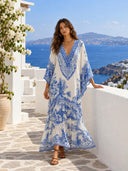 Refined Porcelain Print V-Neck Kaftan Maxi Dress