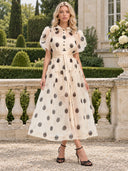 Elegant Polka Dot Organza Puff Sleeve Midi Dress