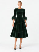 Elegant Velvet Feather Cuff Midi Dress
