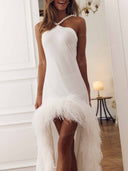 Elegant Pearl Halter Feather Trim Backless Maxi Dress