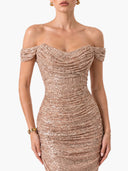 Elegant Sequin Off-Shoulder Asymmetric Party Midi Dress