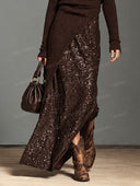Elegant Off Shoulder Knit Top & Sequin Maxi Skirt Set