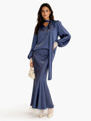 Elegant Puff Sleeve Satin Top & Lace Trim Maxi Skirt Two-Piece Set