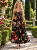 Exquisite Strapless Lace-Trimmed Printed Pleated Midi Dress