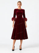 Elegant Velvet Feather Cuff Midi Dress
