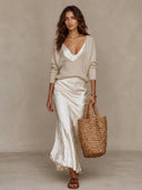 Elegant Knit V-Neck Sweater & Satin Slip Dress Two-Piece Set