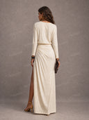 Casual Crew Neck Pleated Slit Maxi Dress