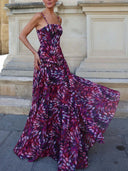Elegant Abstract Print Ruched Spaghetti Strap Maxi Dress