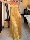 Elegant Strapless Ruched Fringe Maxi Dress