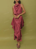 Elegant Satin High-Neck Top & Layered Ruffle Midi Skirt Set