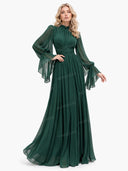 Elegant Pleated Flowy Long-Sleived Maxi Dress