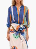 Striped Print Button-Up Shirt & Wrap Midi Skirt Set