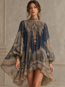 Elegant Vintage Print High Neck Flowy Mini Dress