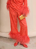 Elegant Feather Trim Jacquard Wrap Blouse & Pants Two-Piece Set