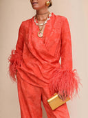 Elegant Feather Trim Jacquard Wrap Blouse & Pants Two-Piece Set