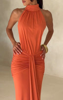 Ruched Backless Halter Maxi Dress