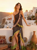 Unique Colorful Print Tiered Ruffle One-Shoulder Top Two-Piece Set