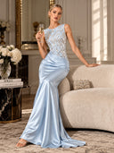 Elegant Blue Embroidery Satin Crew Neck Sleeveless Sheath Maxi Dress