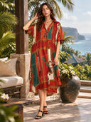 Retro Equestrian Print Shirt Midi Dress