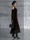 Asymmetric Off Shoulder Velvet Lace Maxi Dress