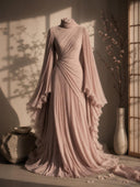 Elegant Pleated High-Neck Cape Sleeve Chiffon Maxi Dress
