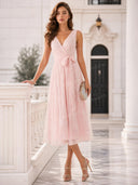 Elegant V-Neck Lace Embroidered Tie-Front Midi Dress