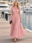 Elegant Lace Trim Pleated Chiffon Maxi Dress