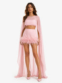 Elegant Feather Trim Sheer Cape Cover-Up Three-Piece Set