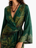 Fashionable Printed Satin Wrap Midi Dress