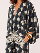 Casual Abstract Plaid Print Kimono Sleeve Maxi Dress