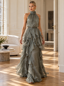 Elegant Halter Neck Ruffle Chiffon Flowy Maxi Dress
