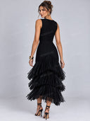 Elegant Ribbed Knit Top & Layered Fringe Midi Skirt Set