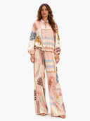Casual Artistic Print Zip-Up Shirt & Wide-Leg Pants Two-Piece Set