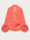 Elegant Feather Trim Jacquard Wrap Blouse & Pants Two-Piece Set